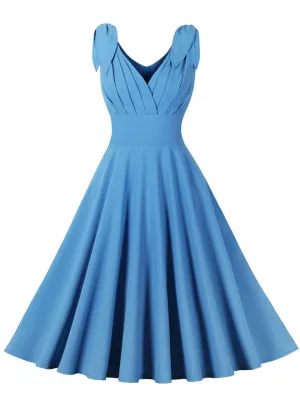 Blue Bow Sleeve V Neck 1950S Vintage Swing Dress
