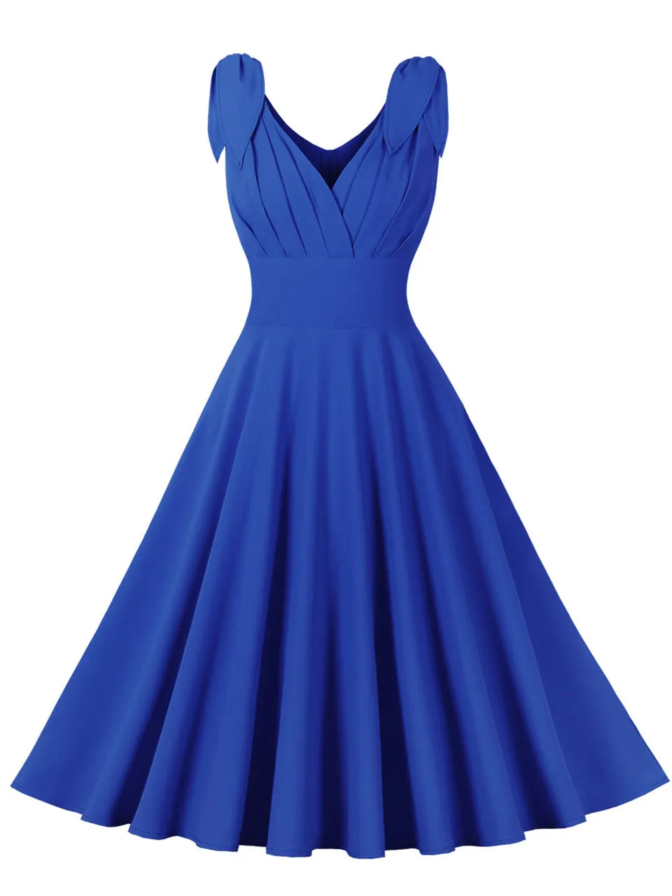 Blue Bow Sleeve V Neck 1950S Vintage Swing Dress