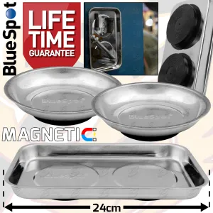 BLUESPOT 9" STAINLESS STEEL DOUBLE MAGNETIC PARTS TRAY & 2 x 6" ROUND STAINLESS STEEL MAGNETIC PARTS TRAY