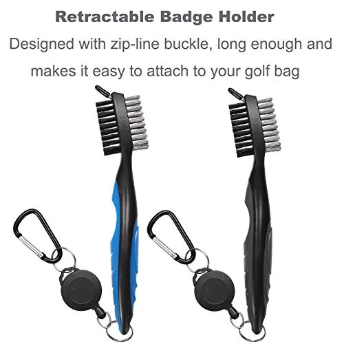 Borogo 2-Pack Golf Club Brush Groove Cleaner, Golf Club Brush and Club Groove Cleaner 2 Ft Retractable Zip-line and Aluminum Carabiner Cleaning Tools Black-Blue
