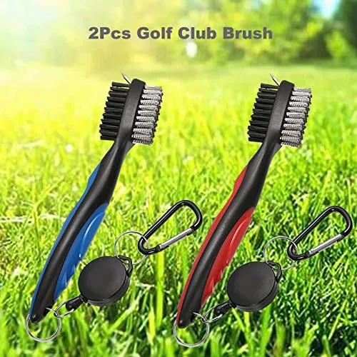 Borogo Golf Club Brush Groove Cleaner, 2-Pack Golf Club Brush and Club Groove Cleaner 2 Ft Retractable Zip-line and Aluminum Carabiner Cleaning Tools