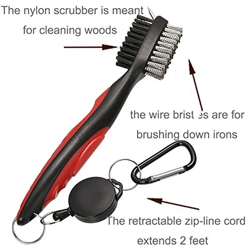 Borogo Golf Club Brush Groove Cleaner, 2-Pack Golf Club Brush and Club Groove Cleaner 2 Ft Retractable Zip-line and Aluminum Carabiner Cleaning Tools