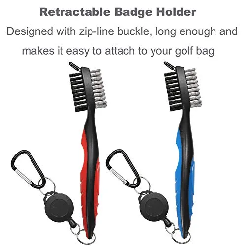 Borogo Golf Club Brush Groove Cleaner, 2-Pack Golf Club Brush and Club Groove Cleaner 2 Ft Retractable Zip-line and Aluminum Carabiner Cleaning Tools
