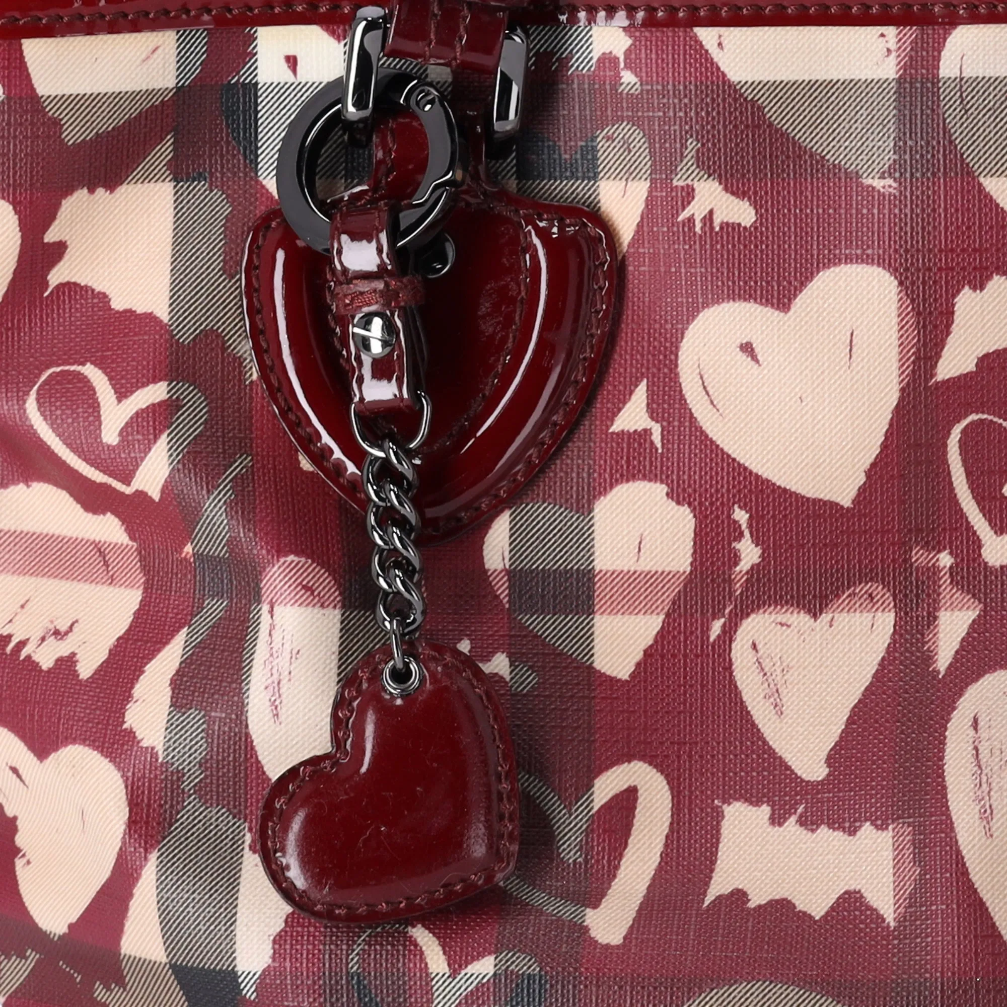 Burberry Nova Check Heart Tote Red Beige Multi PVC Patent Leather