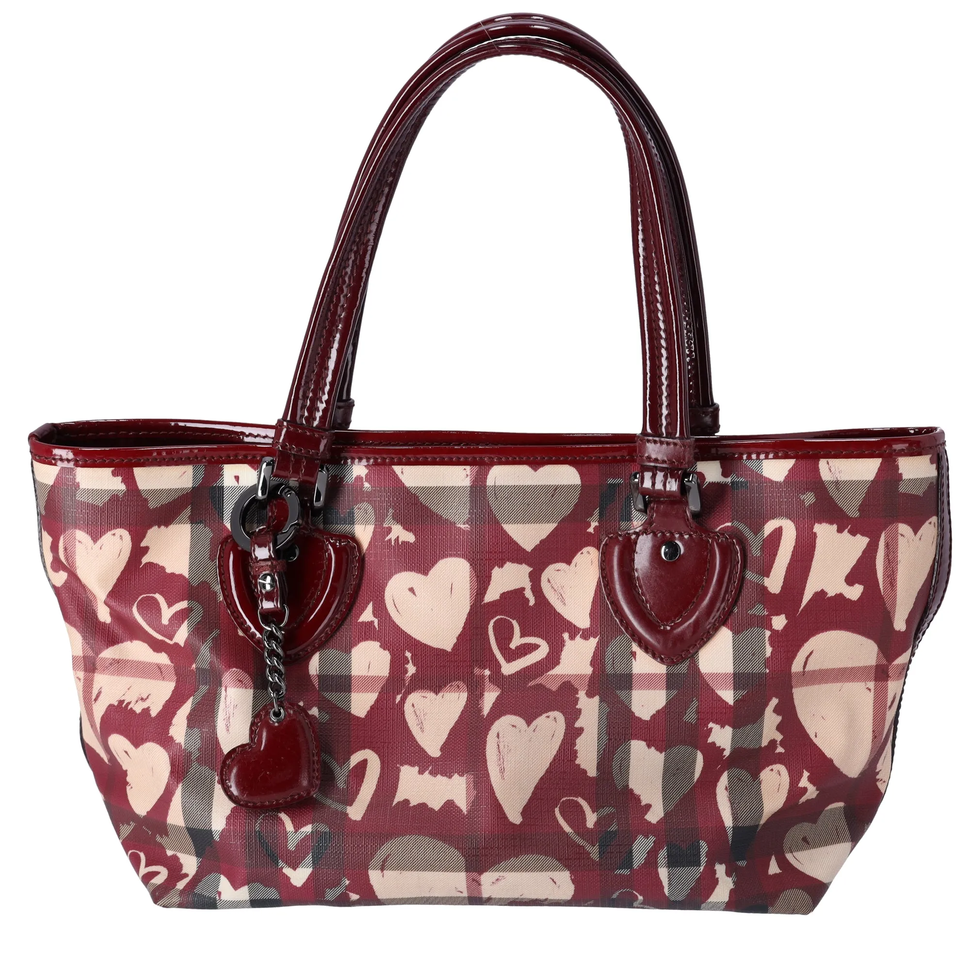 Burberry Nova Check Heart Tote Red Beige Multi PVC Patent Leather
