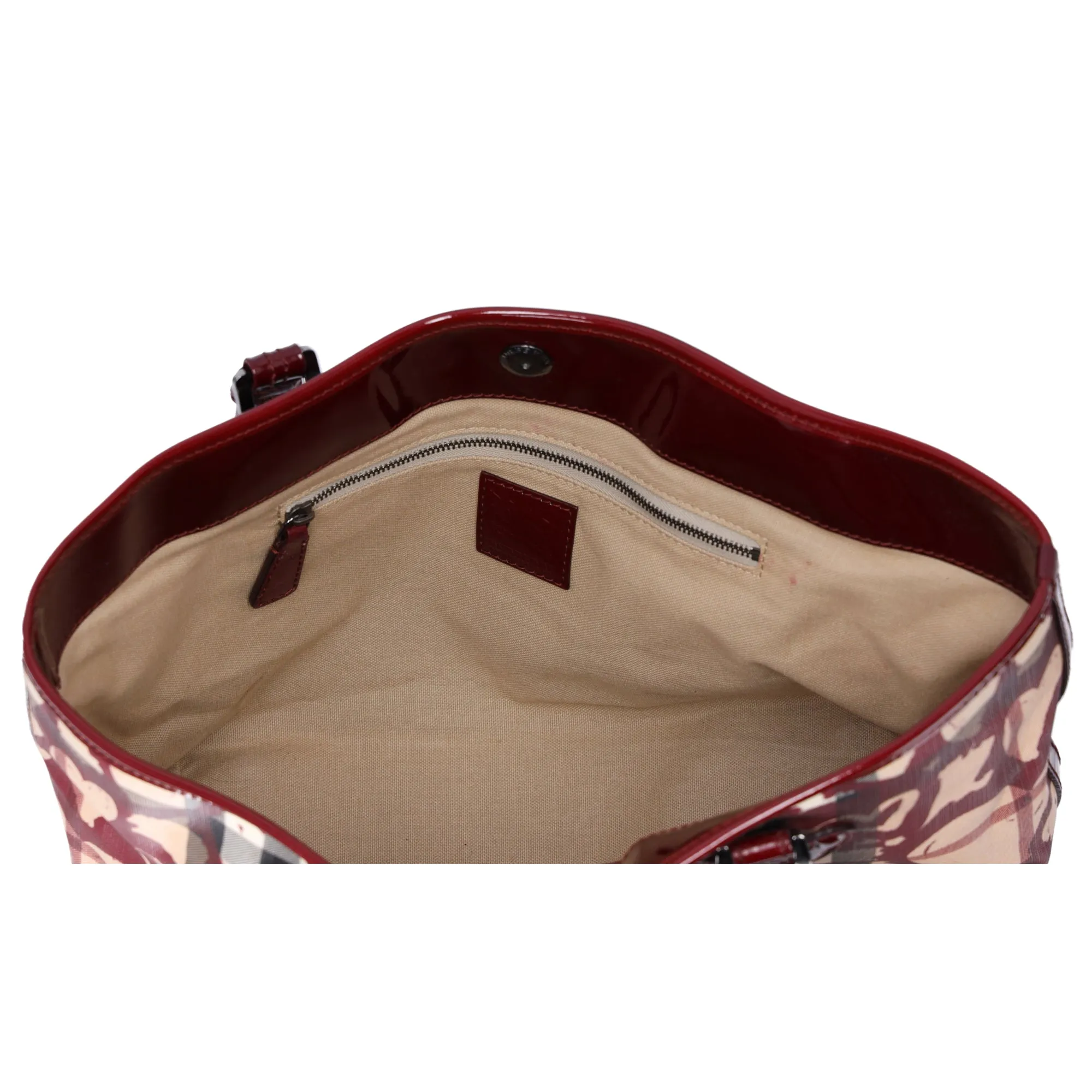 Burberry Nova Check Heart Tote Red Beige Multi PVC Patent Leather