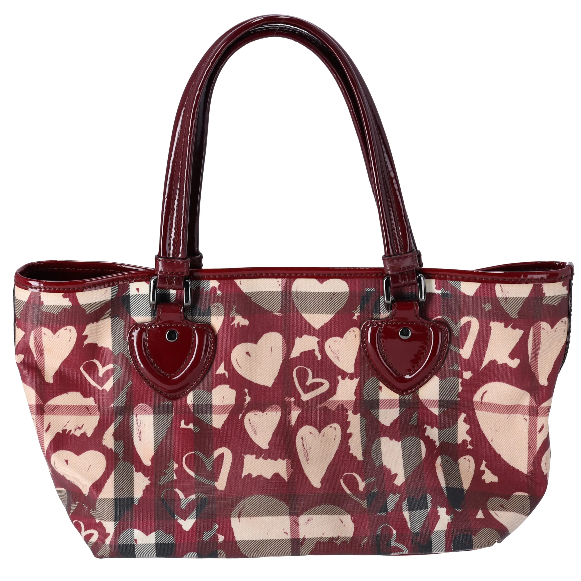 Burberry Nova Check Heart Tote Red Beige Multi PVC Patent Leather
