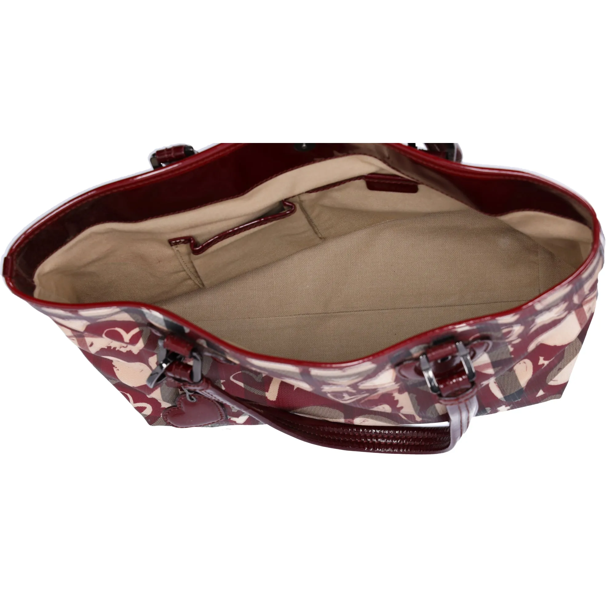 Burberry Nova Check Heart Tote Red Beige Multi PVC Patent Leather