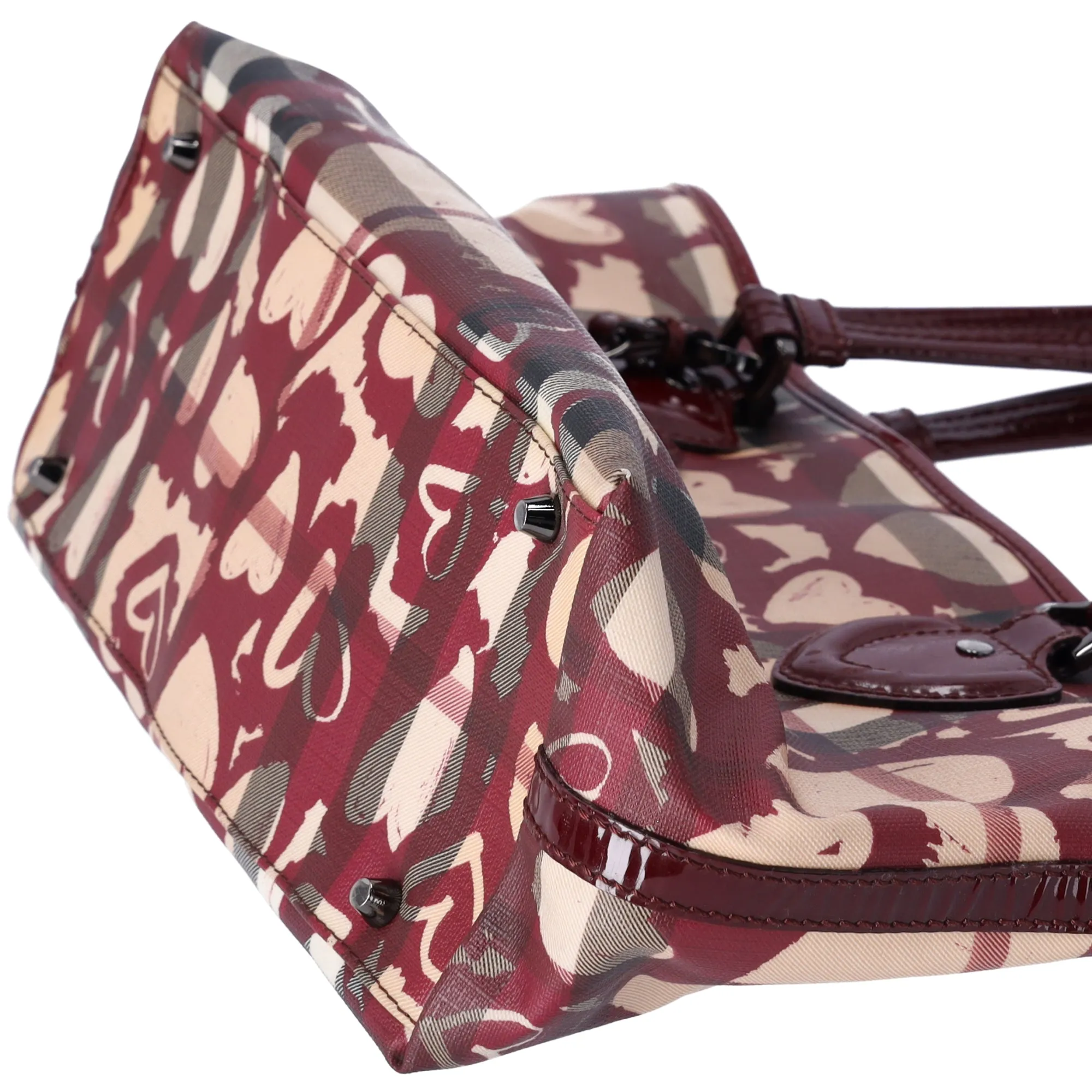 Burberry Nova Check Heart Tote Red Beige Multi PVC Patent Leather