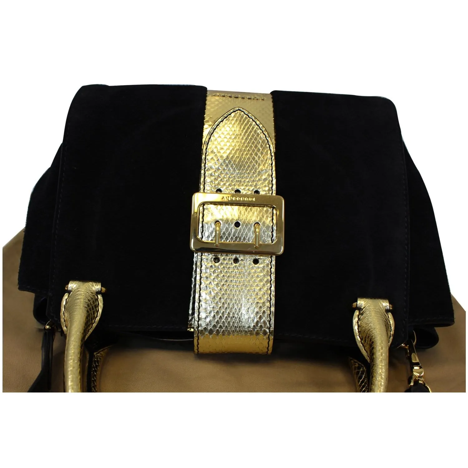 BURBERRY The Medium Buckle Suede and Snakeskin Tote Shoulder Bag Black - 20% OFF