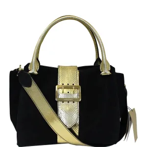 BURBERRY The Medium Buckle Suede and Snakeskin Tote Shoulder Bag Black - 20% OFF