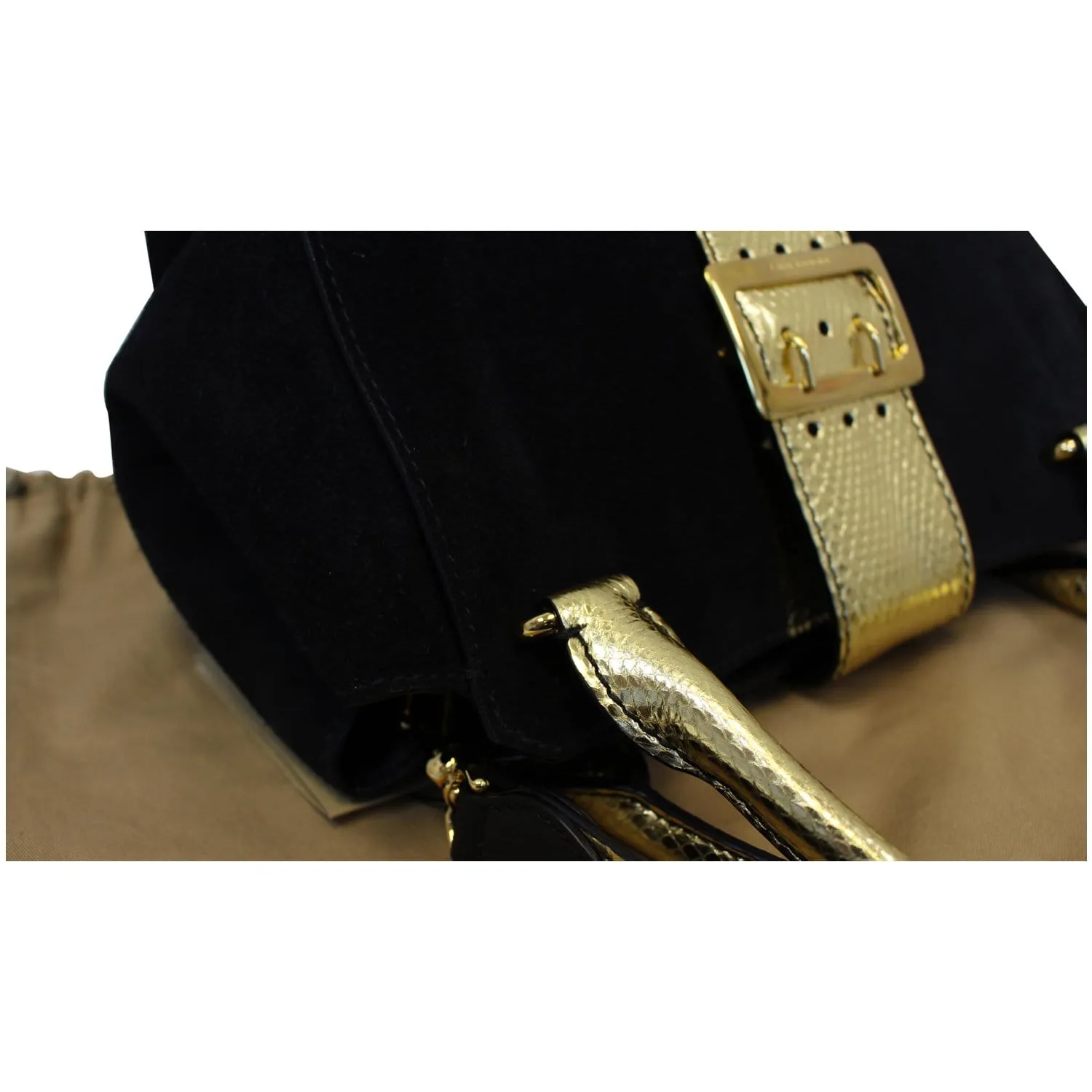 BURBERRY The Medium Buckle Suede and Snakeskin Tote Shoulder Bag Black - 20% OFF