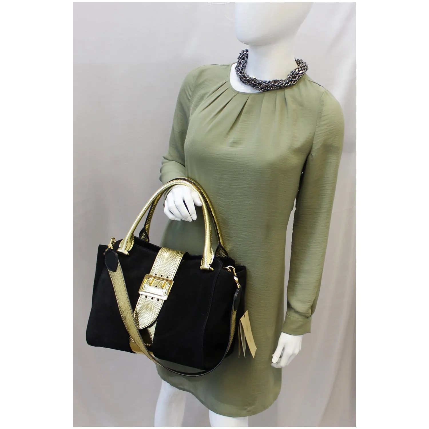 BURBERRY The Medium Buckle Suede and Snakeskin Tote Shoulder Bag Black - 20% OFF