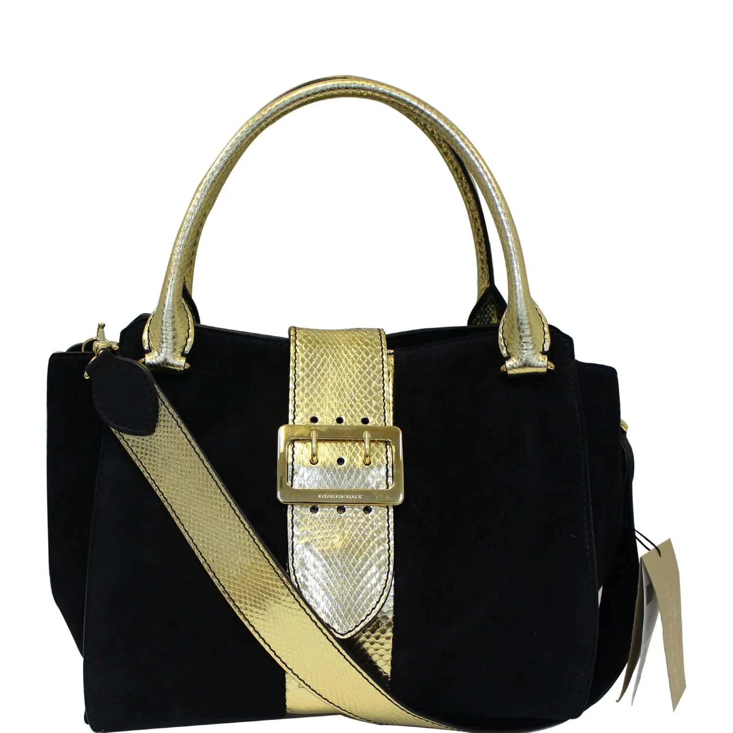BURBERRY The Medium Buckle Suede and Snakeskin Tote Shoulder Bag Black - 20% OFF