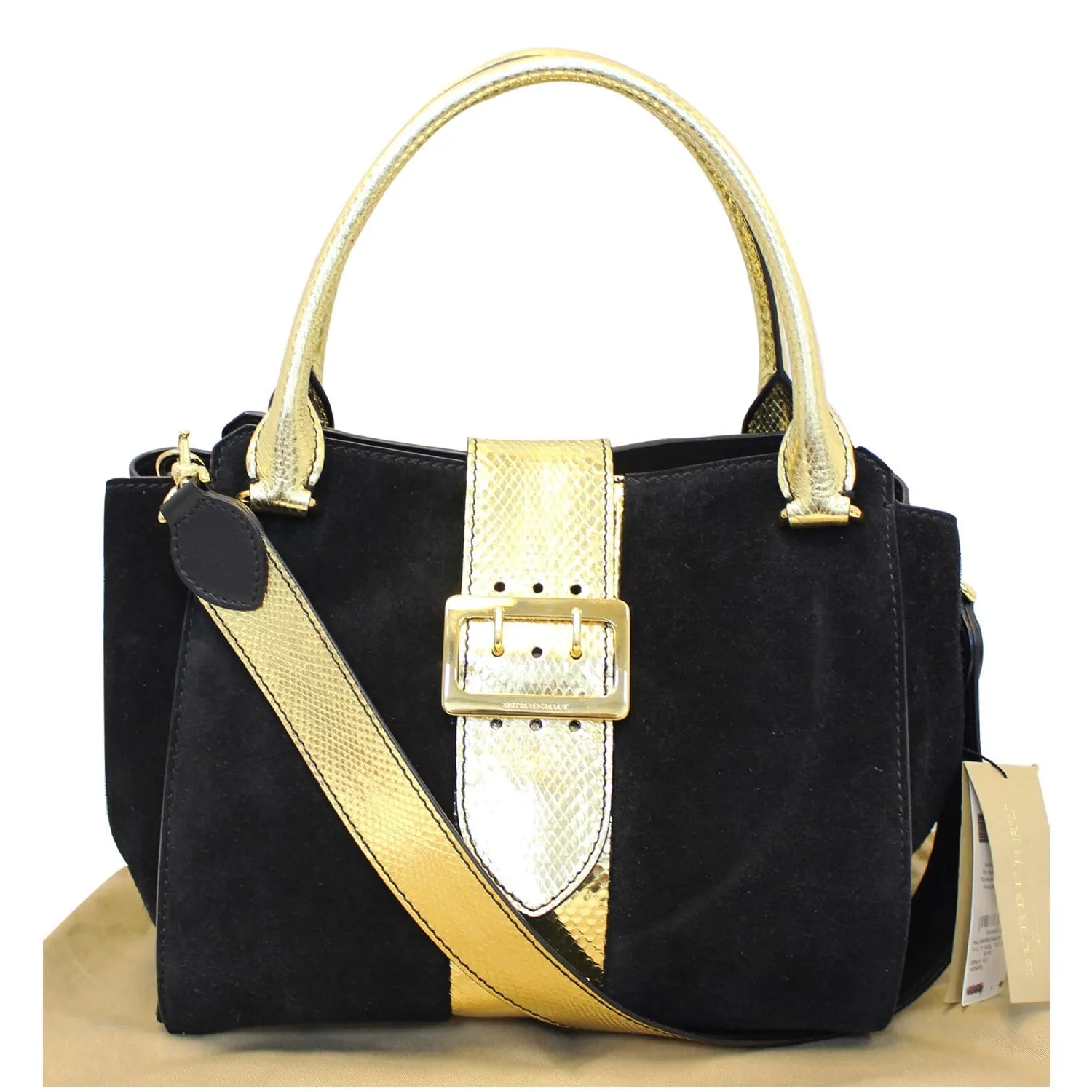 BURBERRY The Medium Buckle Suede and Snakeskin Tote Shoulder Bag Black - 20% OFF