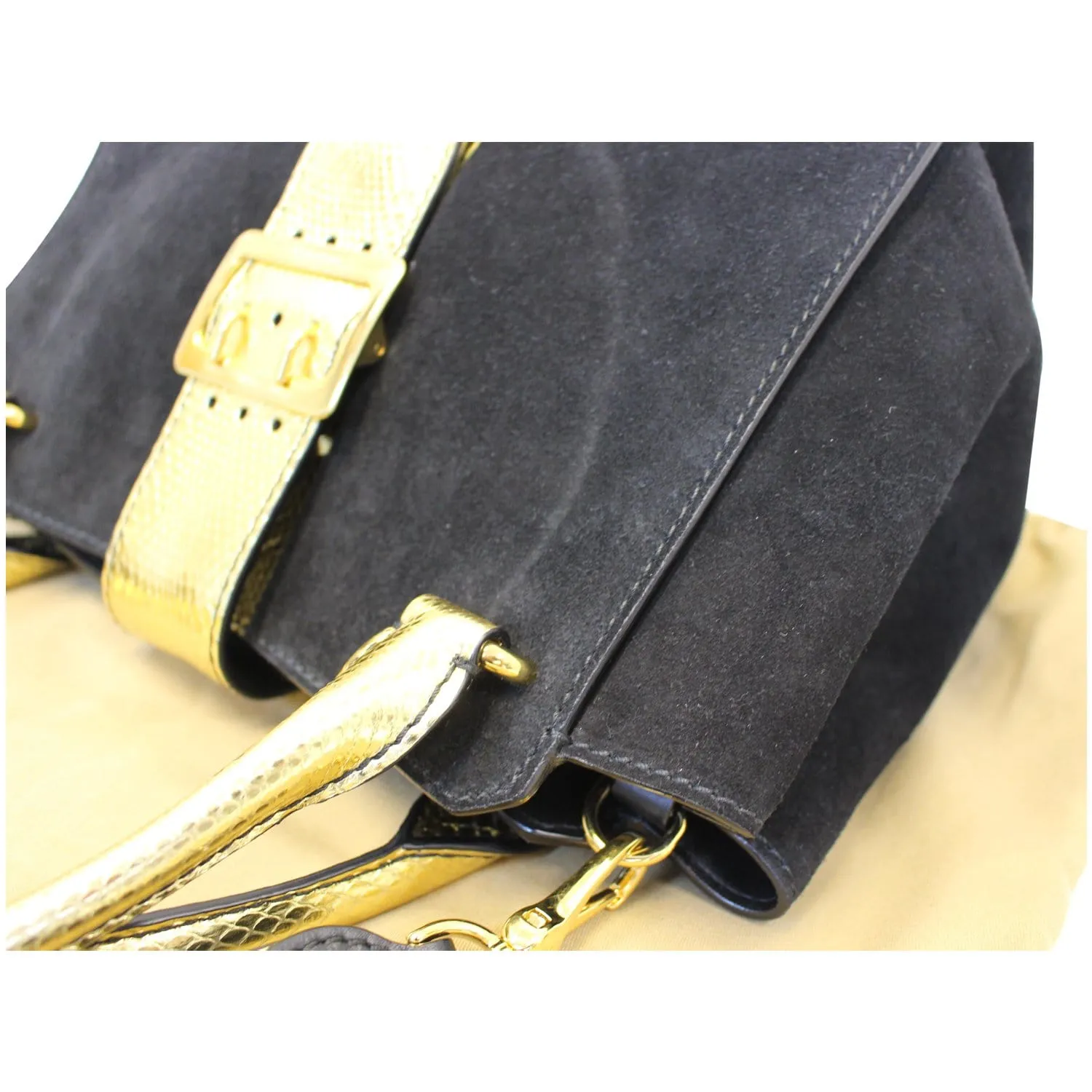 BURBERRY The Medium Buckle Suede and Snakeskin Tote Shoulder Bag Black - 20% OFF