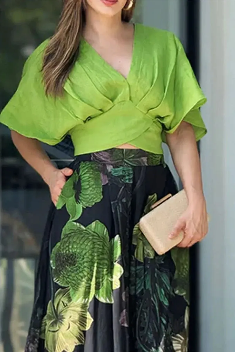 Casual Floral Print Pocket Contrast V Neck Short Sleeve Two Pieces