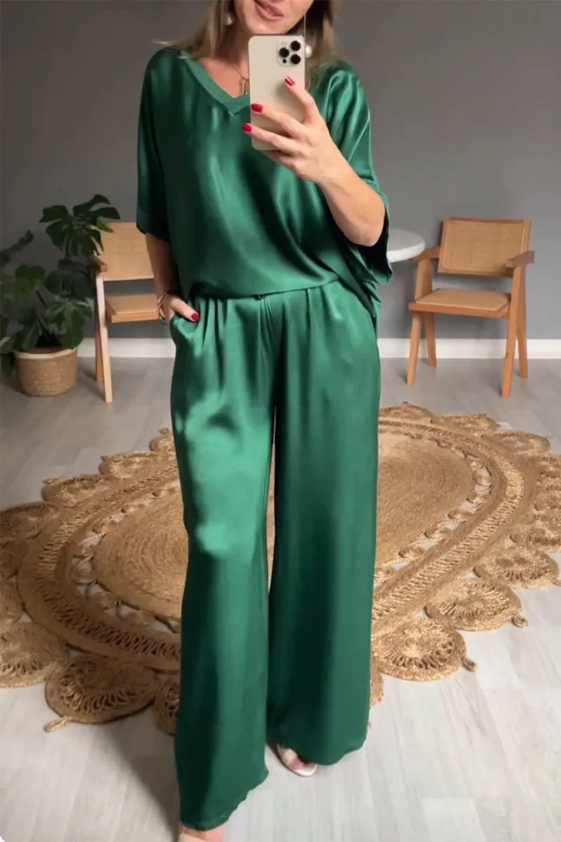 Casual Simplicity Solid Pocket V Neck Short Sleeve Two Pieces
