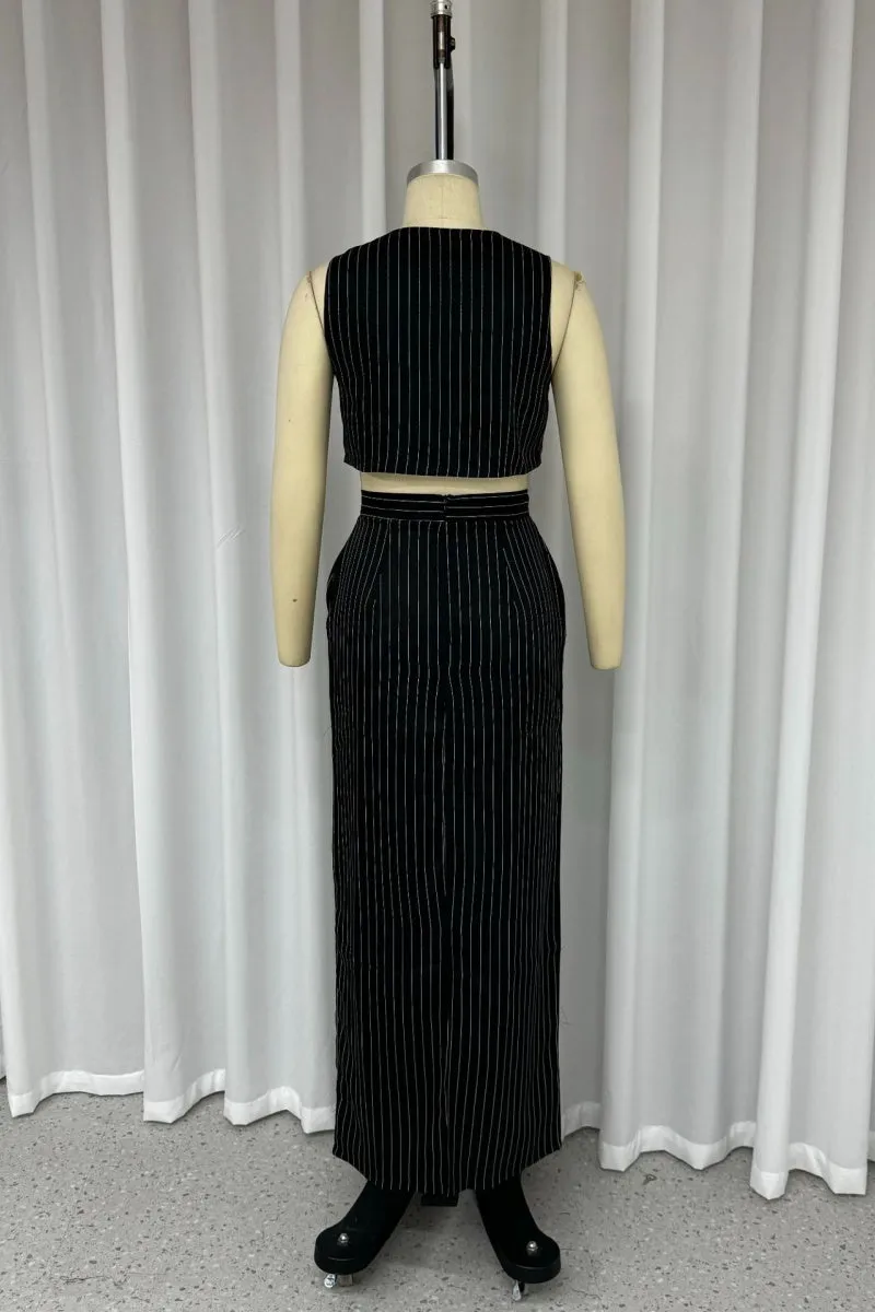 Casual Striped Patchwork Pocket V Neck Sleeveless Two Pieces