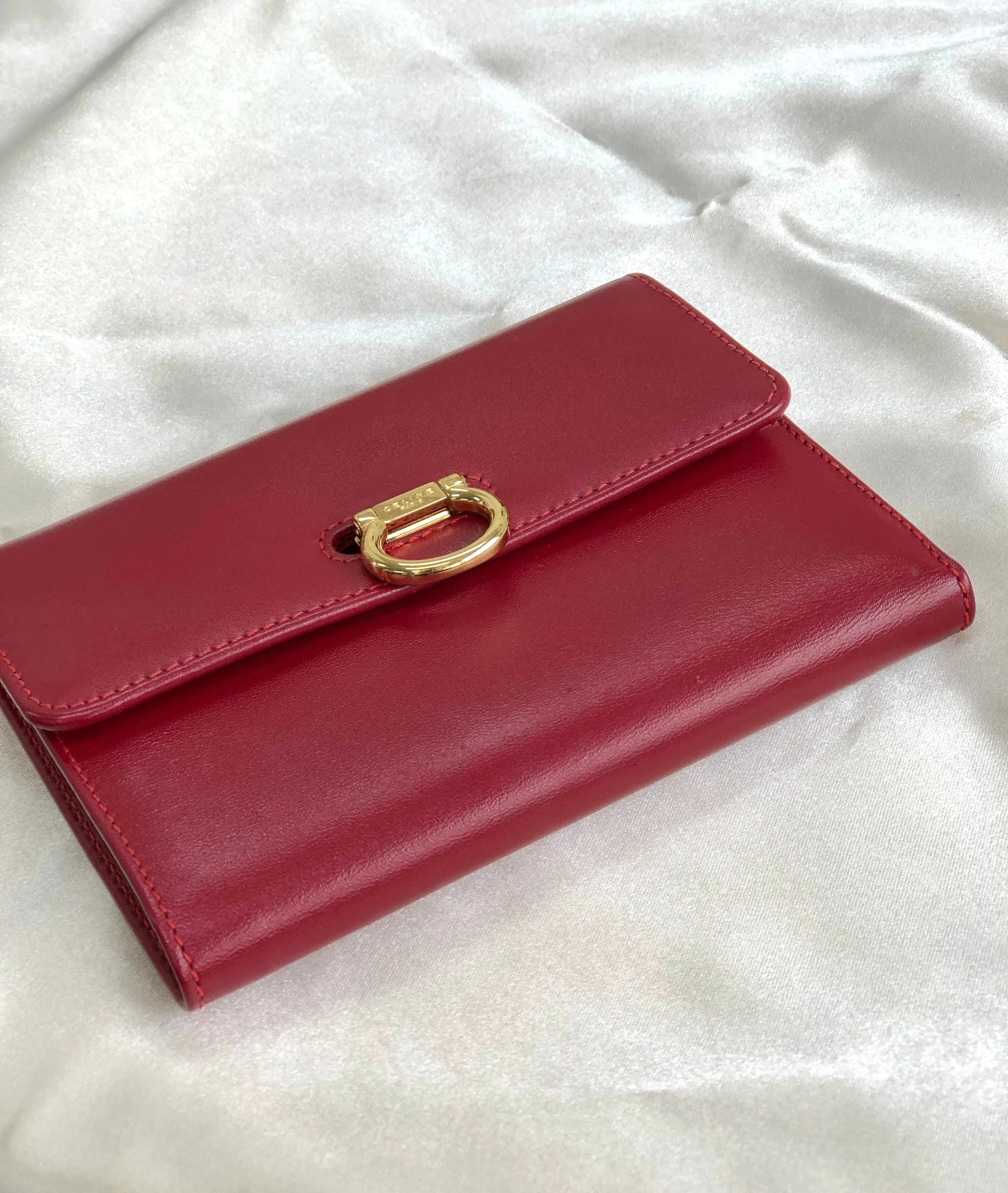 CELINE Horse bit Compact Wallet Red Accessory Vintage Old celine kxewuv