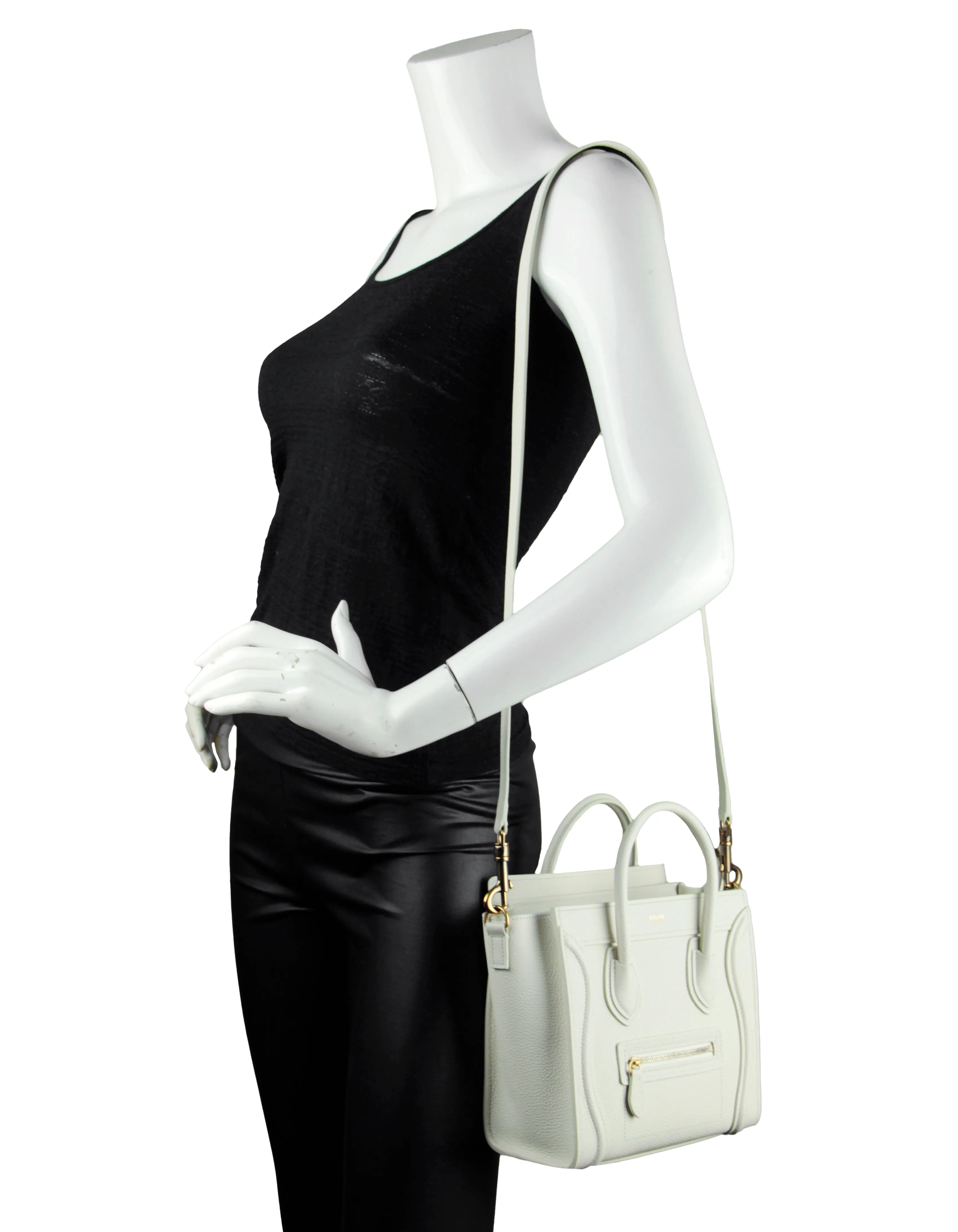 Celine Rice White Leather Nano Luggage Tote Crossbody Bag