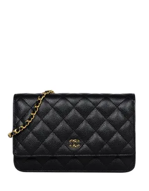Chanel Black Caviar Leather Quilted Wallet On Chain WOC Crossbody Bag