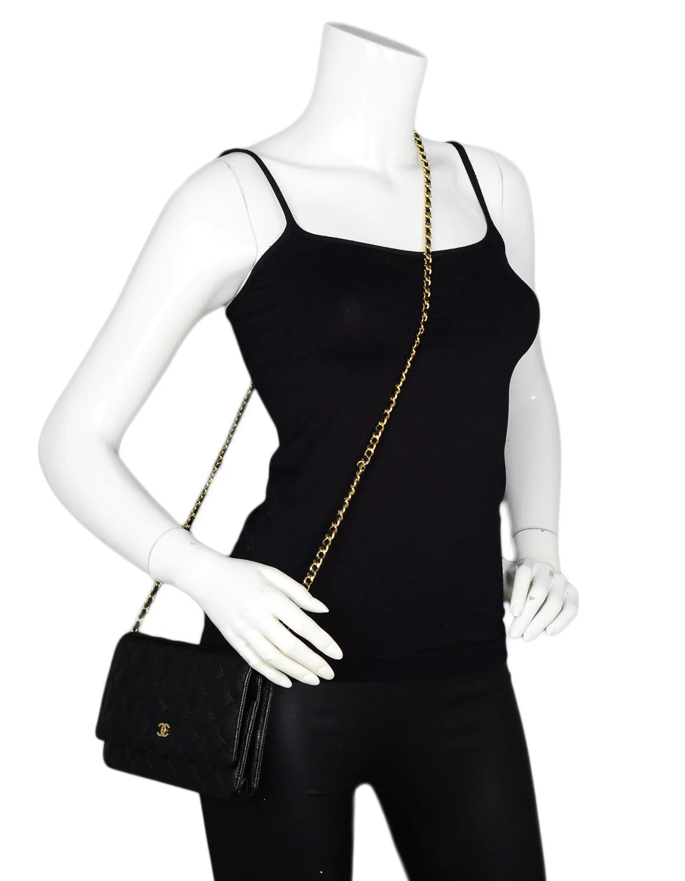 Chanel Black Caviar Leather Quilted Wallet On Chain WOC Crossbody Bag