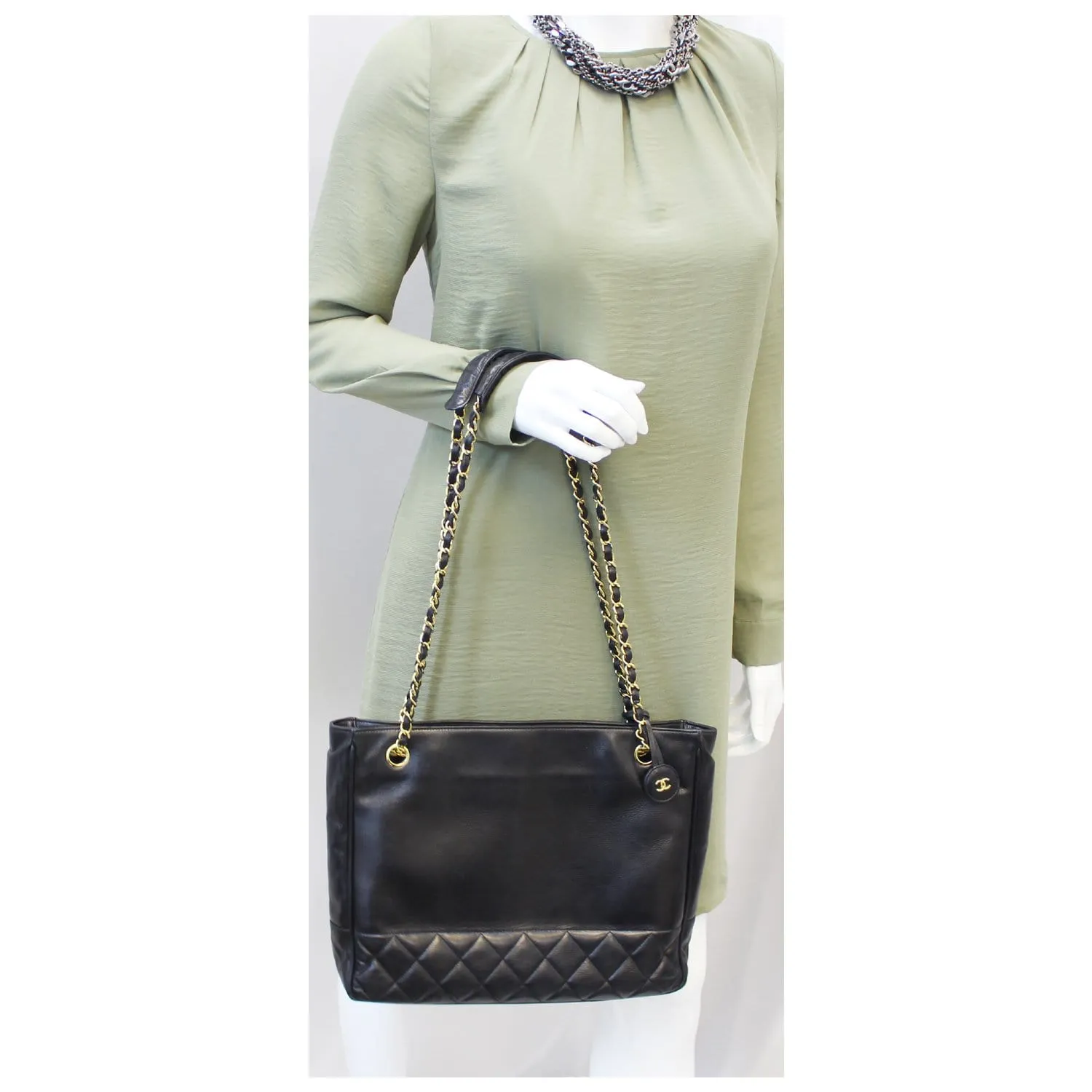 CHANEL Black Lambskin Tote Shoulder Bag Vintage