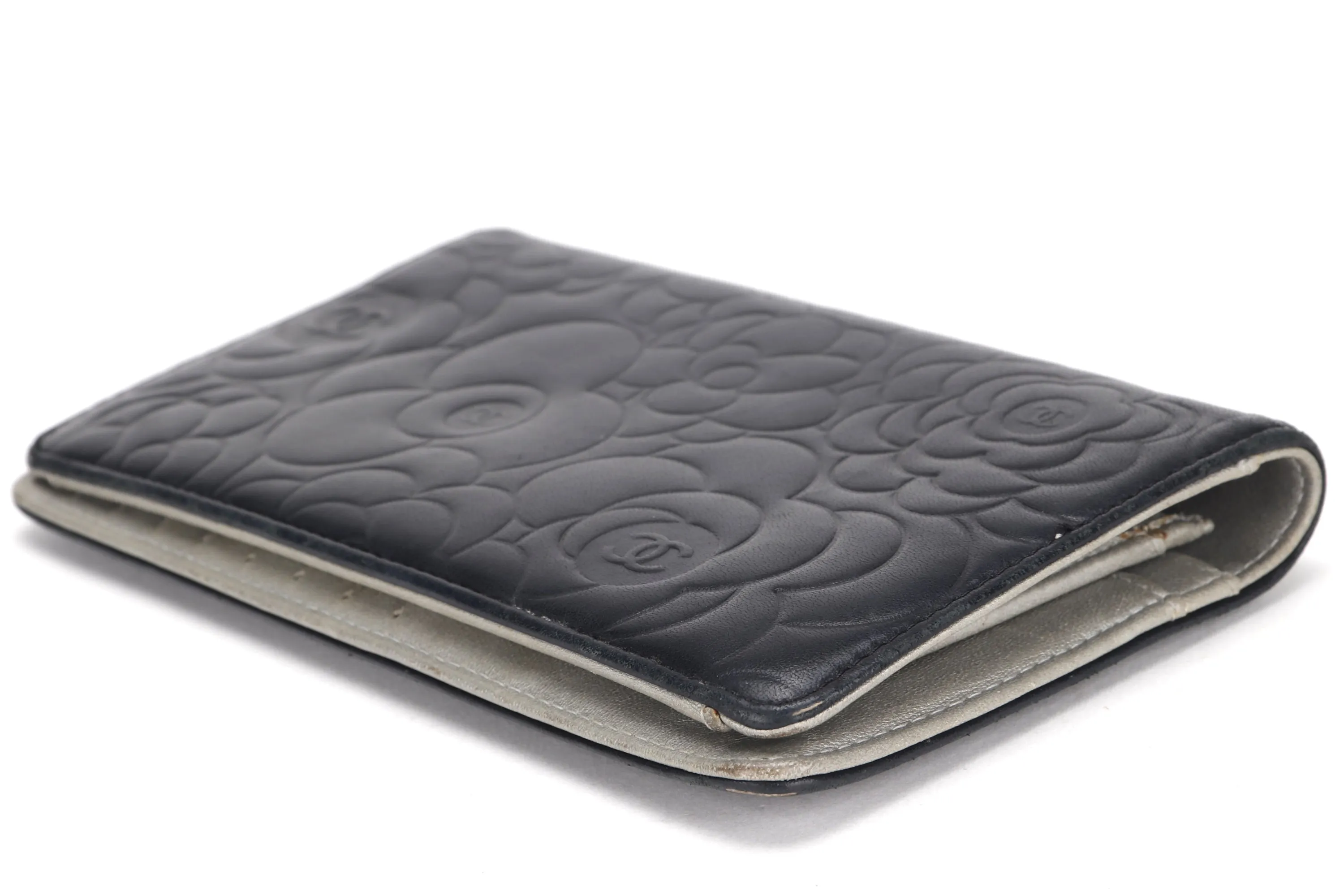 CHANEL CAMELLIA BLACK LAMBSKIN LEATHER LONG WALLET (1671xxxx) SILVER HARDWARE, WITH CARD & BOX