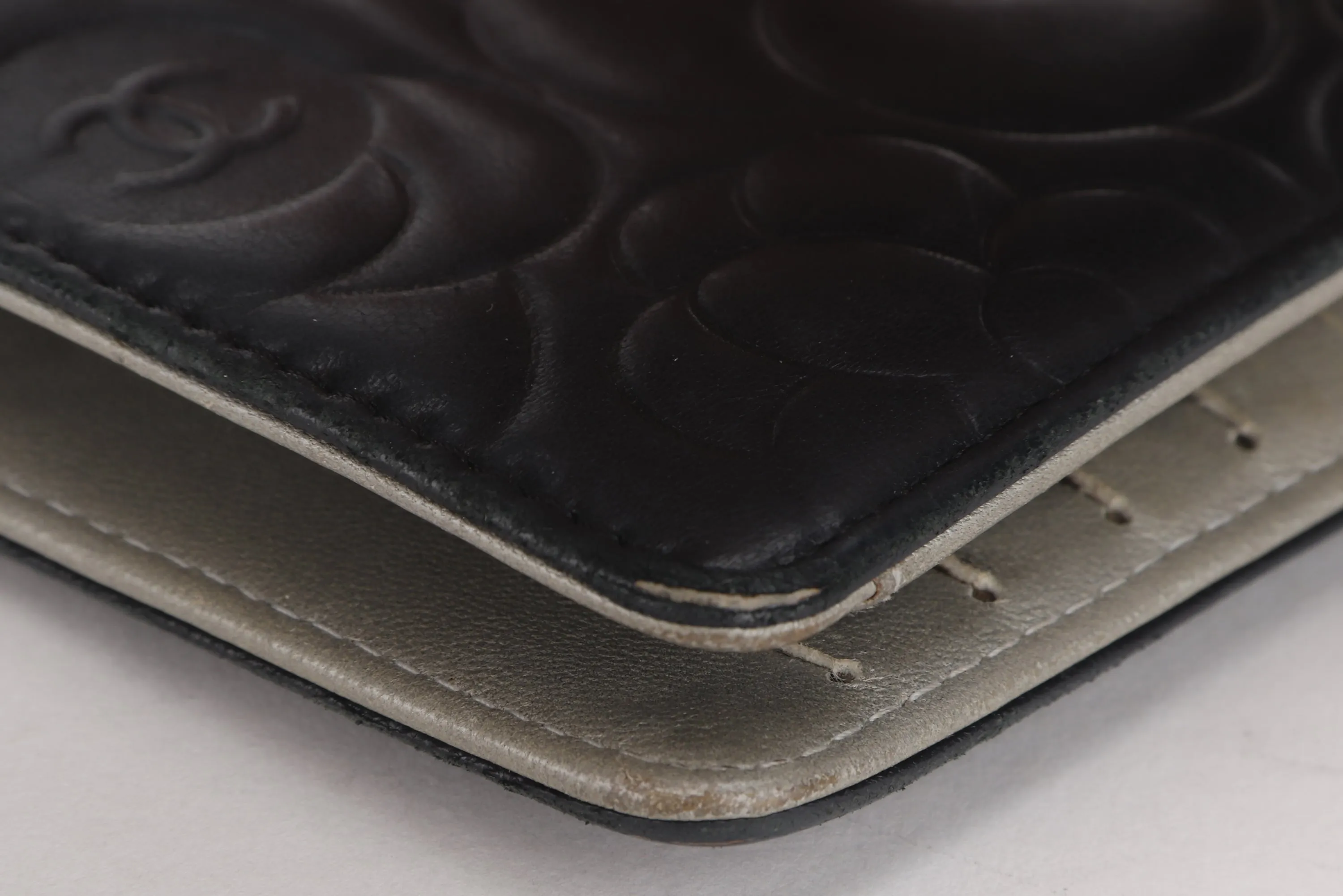 CHANEL CAMELLIA BLACK LAMBSKIN LEATHER LONG WALLET (1671xxxx) SILVER HARDWARE, WITH CARD & BOX
