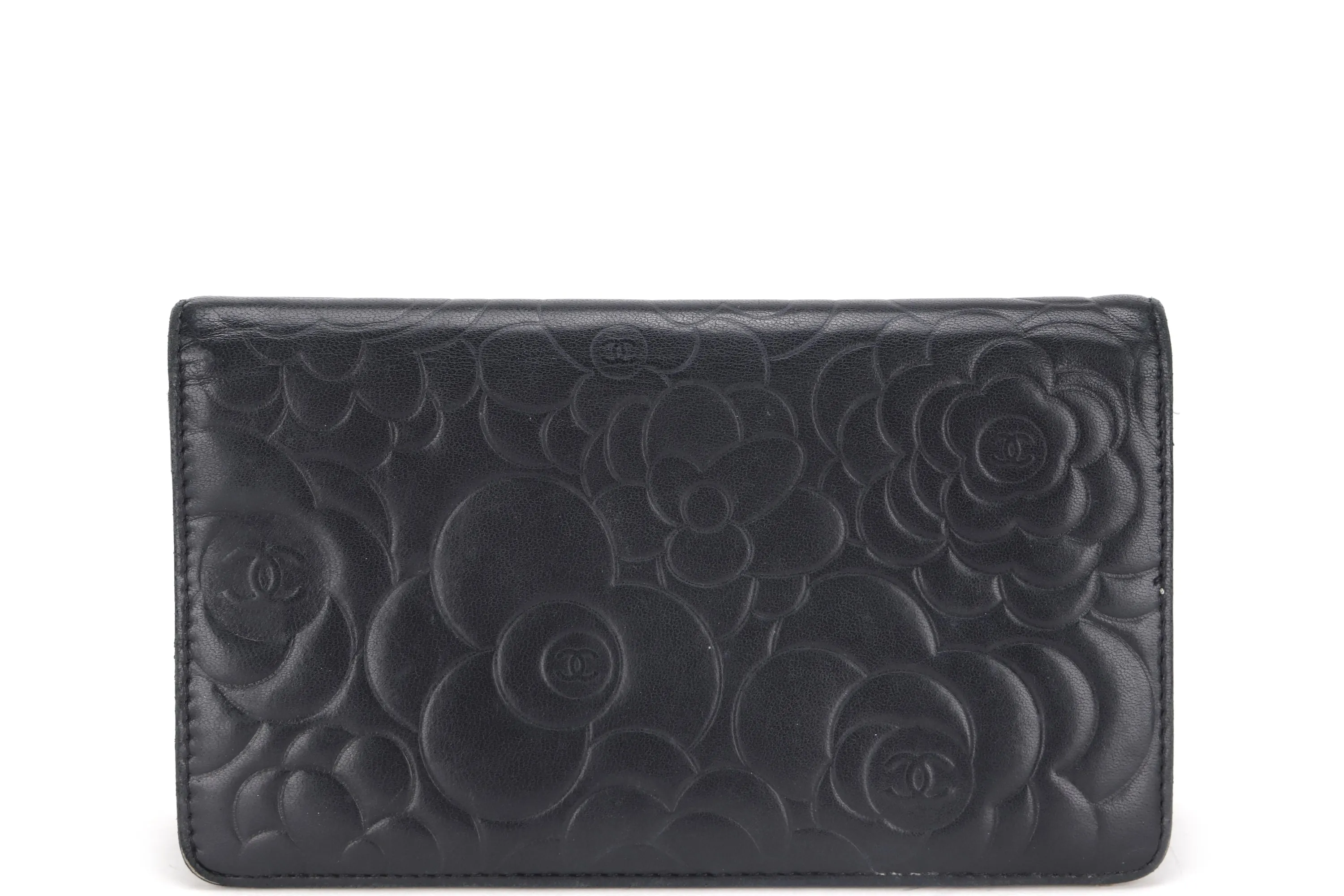 CHANEL CAMELLIA BLACK LAMBSKIN LEATHER LONG WALLET (1671xxxx) SILVER HARDWARE, WITH CARD & BOX