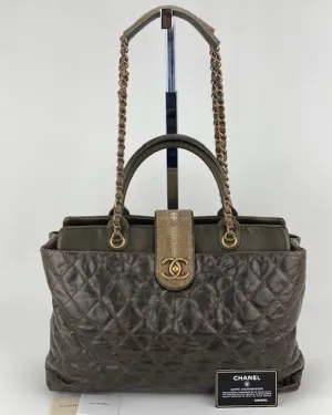 CHANEL Glazed Calfskin Large Bindi CC Grey Tote Hand Bag