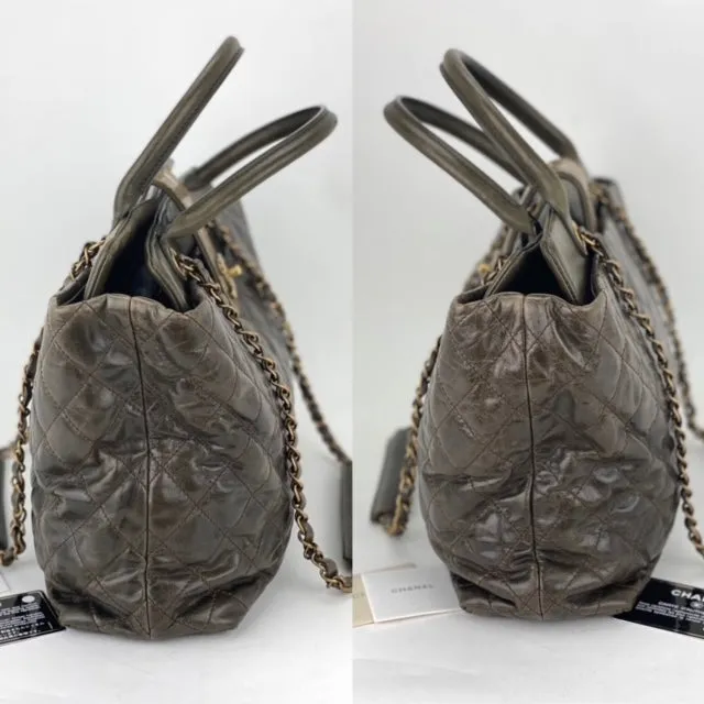 CHANEL Glazed Calfskin Large Bindi CC Grey Tote Hand Bag