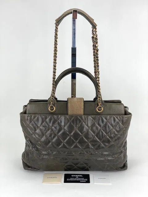 CHANEL Glazed Calfskin Large Bindi CC Grey Tote Hand Bag