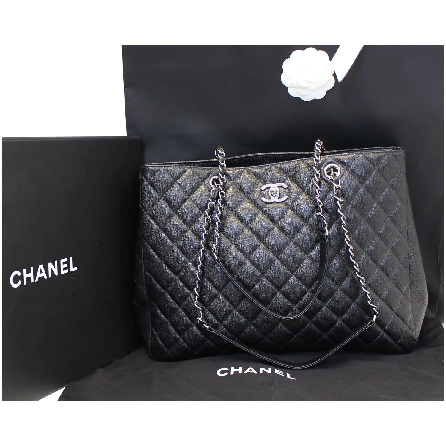 CHANEL Large Classic Caviar Leather Tote Shoulder Bag Black