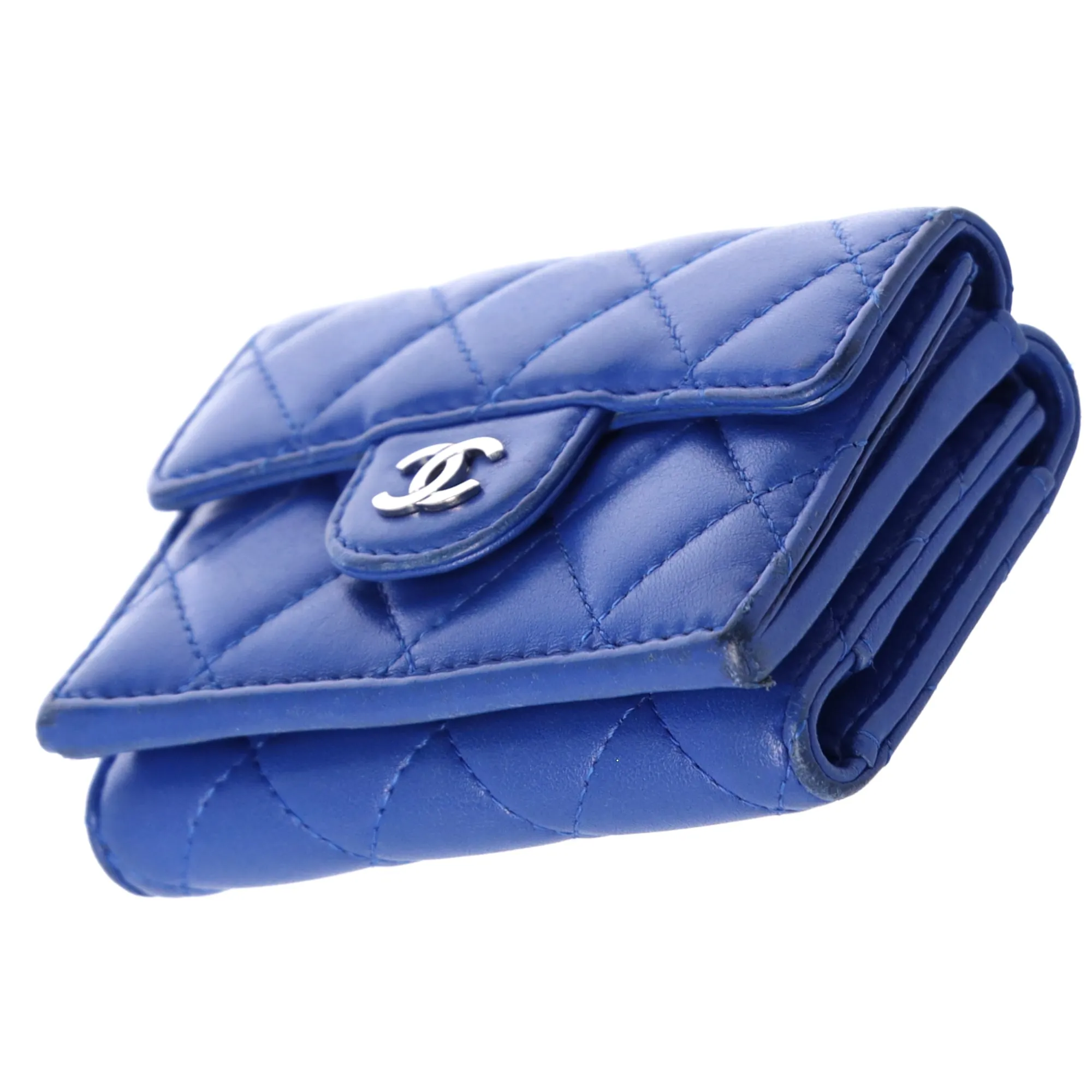 CHANEL Matelasse Trifold Wallet Blue Lambskin