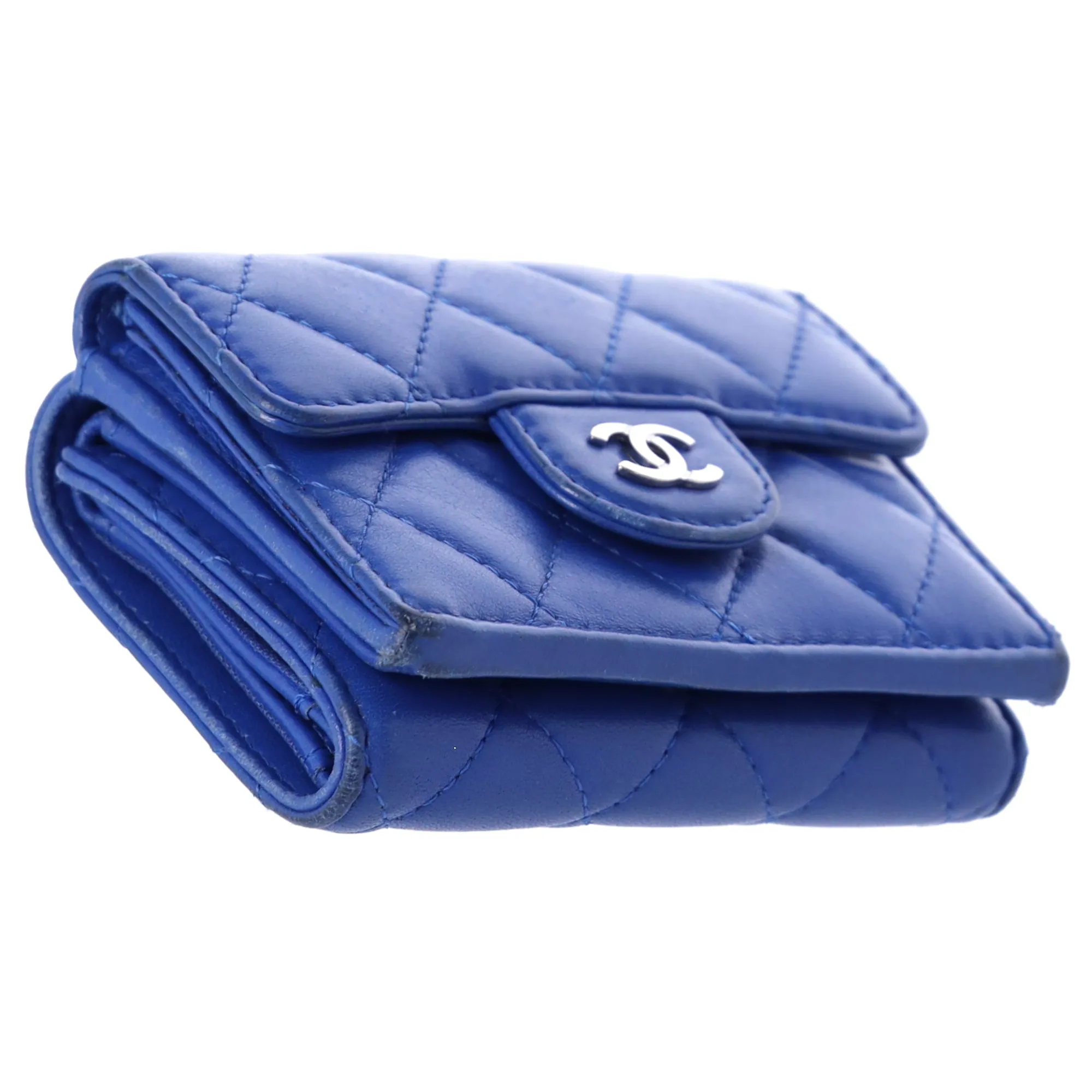 CHANEL Matelasse Trifold Wallet Blue Lambskin