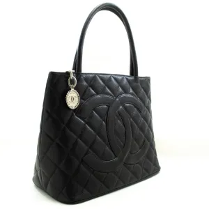 CHANEL Silver Medallion Caviar Shoulder Bag Shopping Tote Black SV n42