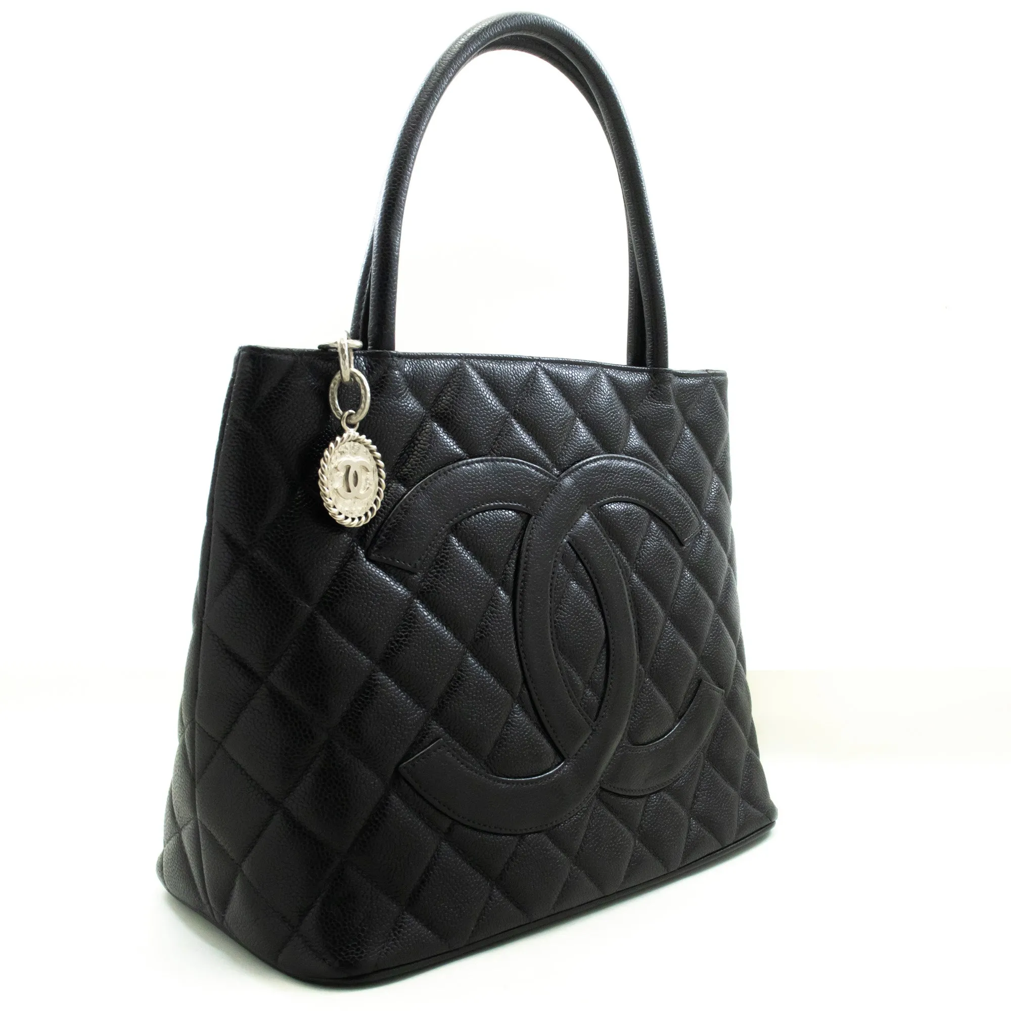 CHANEL Silver Medallion Caviar Shoulder Bag Shopping Tote Black SV n42