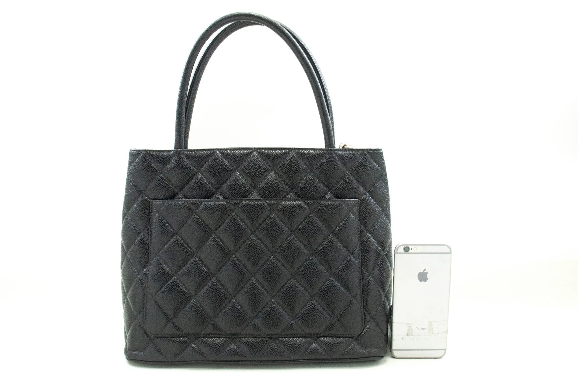 CHANEL Silver Medallion Caviar Shoulder Bag Shopping Tote Black SV n42