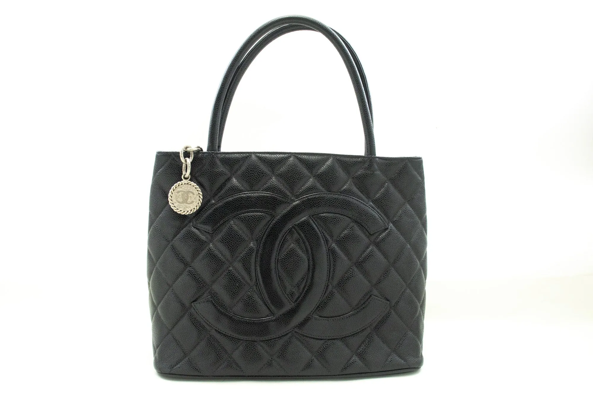 CHANEL Silver Medallion Caviar Shoulder Bag Shopping Tote Black SV n42