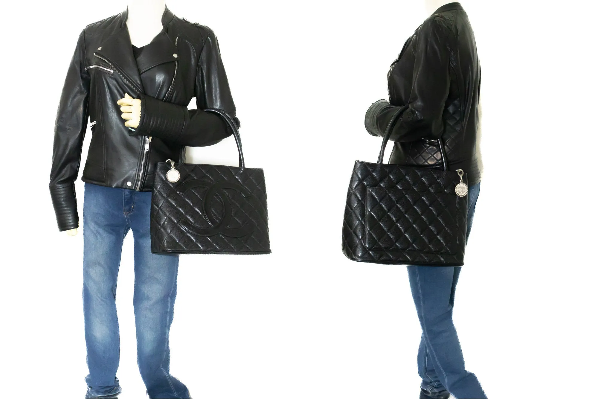 CHANEL Silver Medallion Caviar Shoulder Bag Shopping Tote Black SV n42