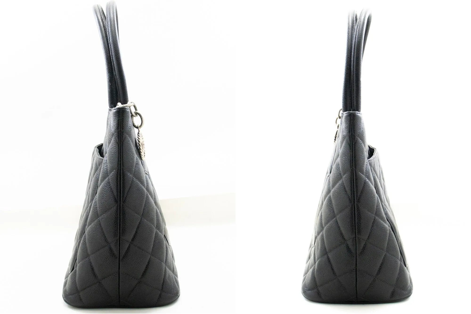 CHANEL Silver Medallion Caviar Shoulder Bag Shopping Tote Black SV n42