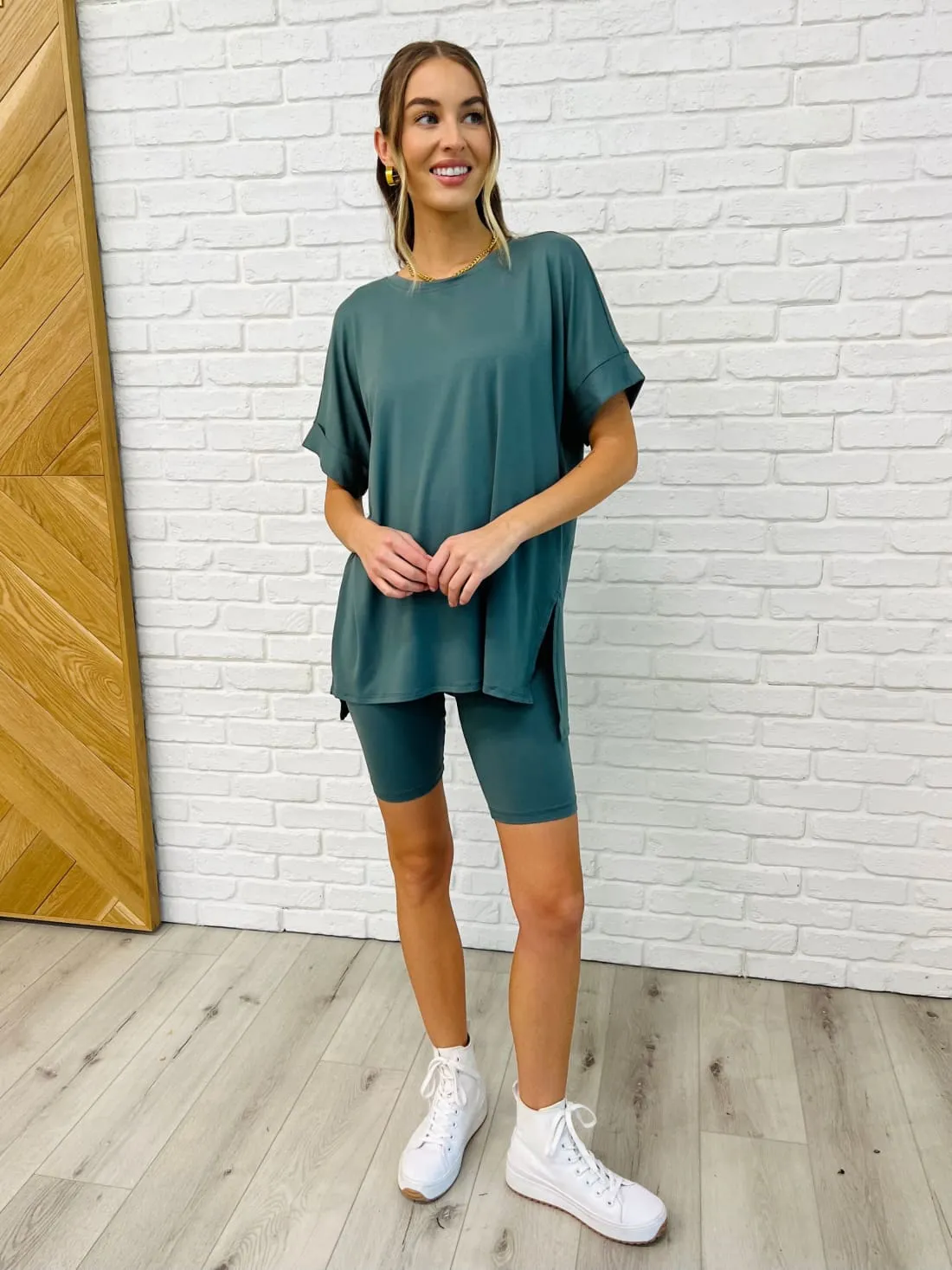 Comfy Cruising Top and Biker Shorts Set in Ash Jade