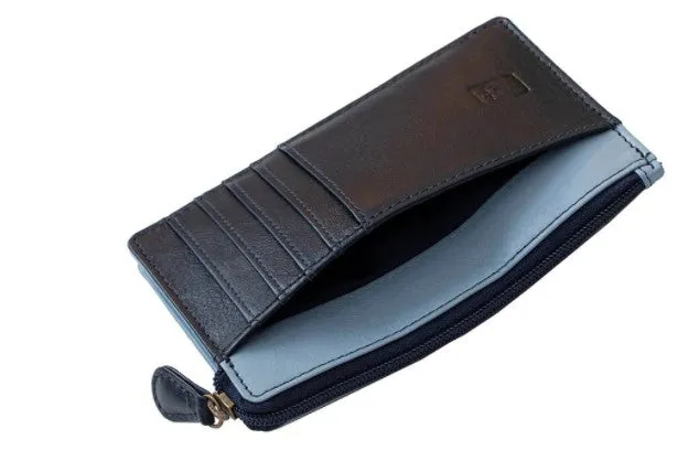 Credit Card Coin Wallet, Navy and Light Blue, Leather