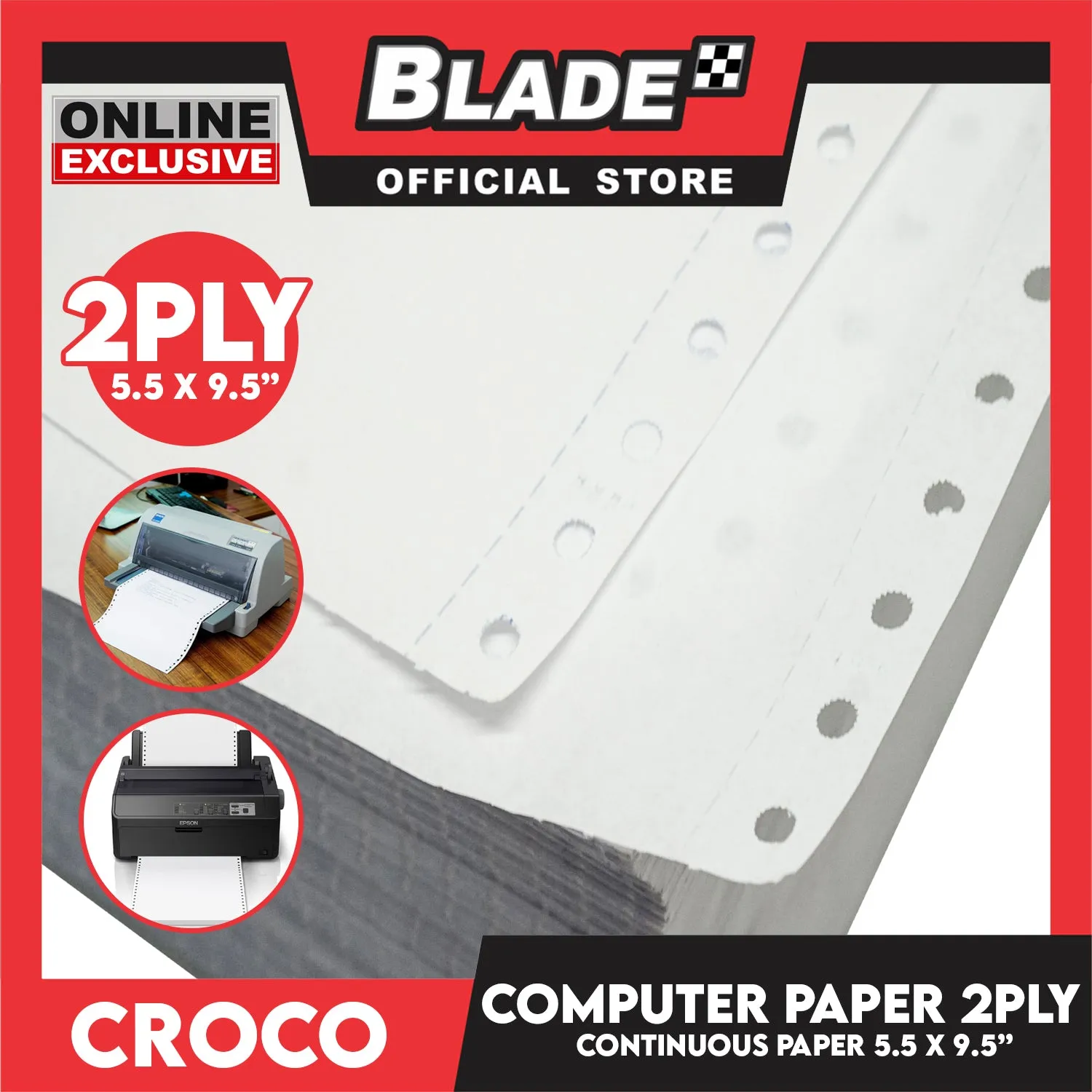 Croco Computer Forms 5.5 x 9 1/2'' (2PLY) 1Box Continuous Computer Paper Carbonless Double Ply 1000 Sheets