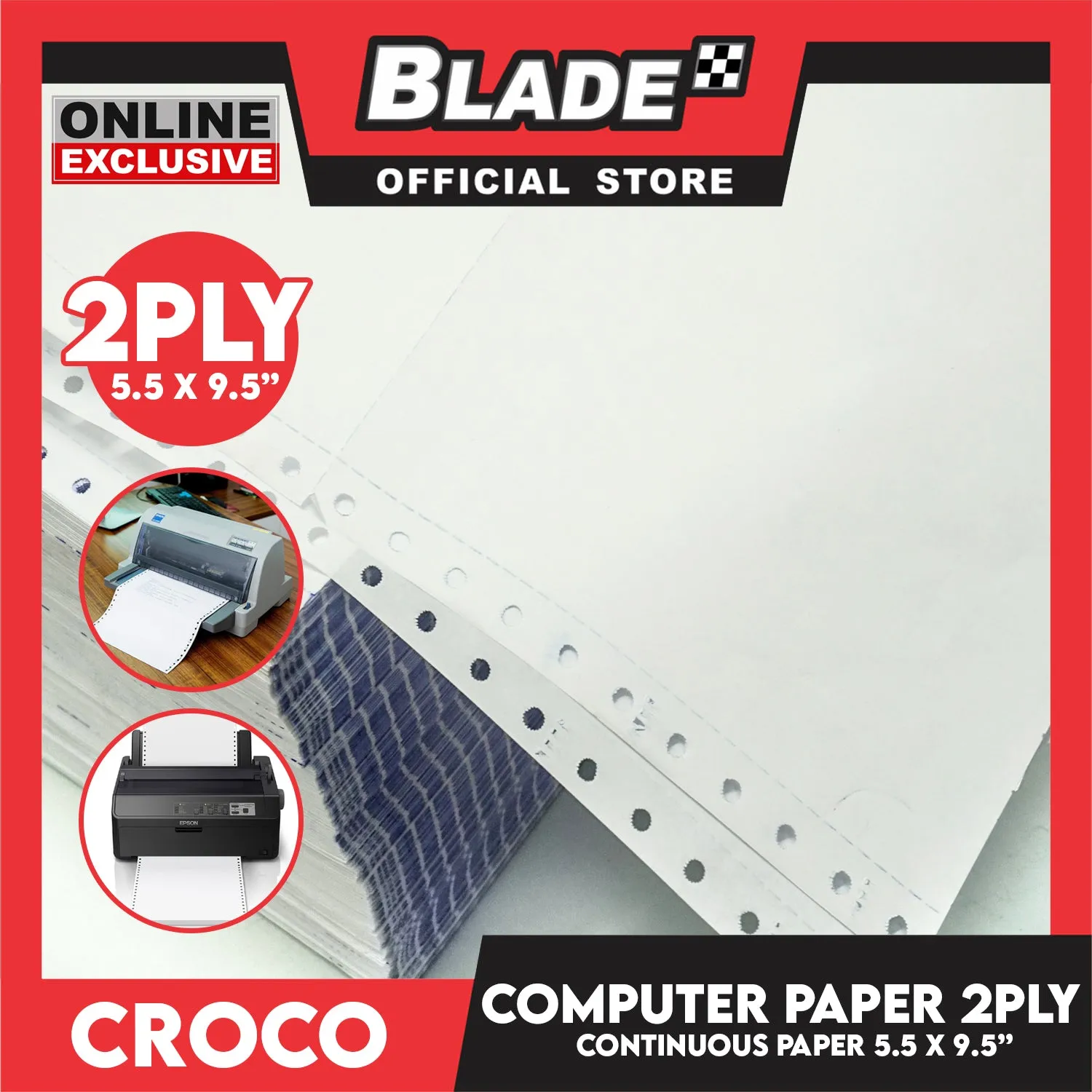 Croco Computer Forms 5.5 x 9 1/2'' (2PLY) 1Box Continuous Computer Paper Carbonless Double Ply 1000 Sheets