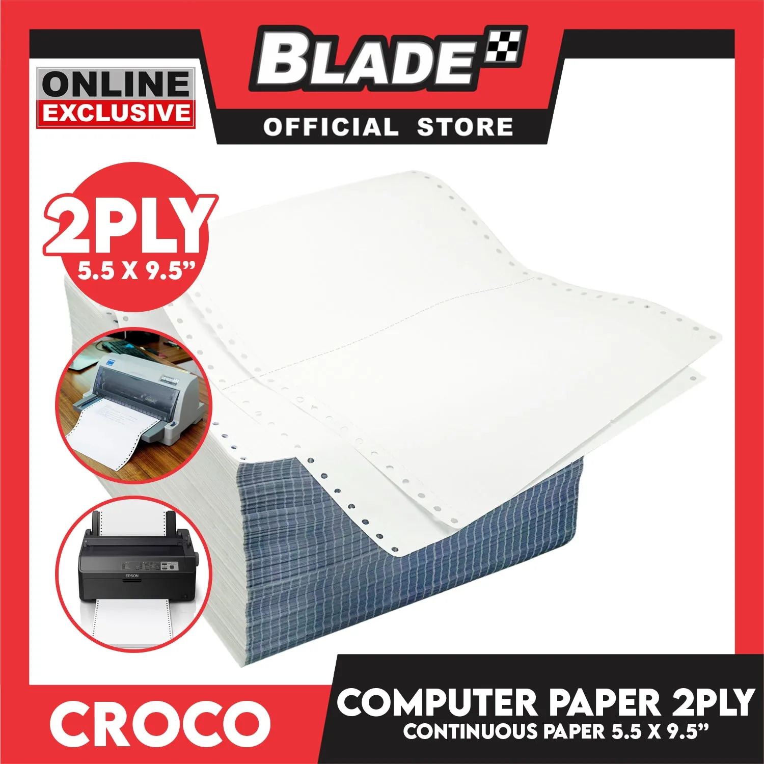 Croco Computer Forms 5.5 x 9 1/2'' (2PLY) 1Box Continuous Computer Paper Carbonless Double Ply 1000 Sheets