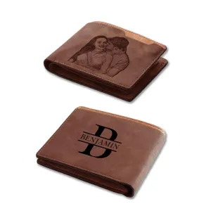 Cupike Custom Personalized Leather Bifold Wallet, Engraved with Photo & Name Initials