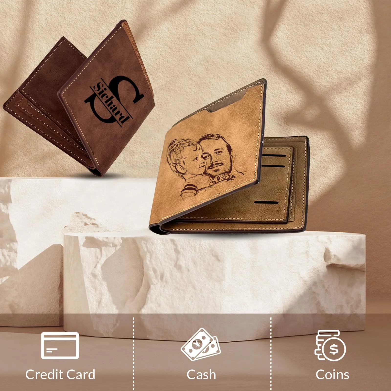 Cupike Custom Personalized Leather Bifold Wallet, Engraved with Photo & Name Initials